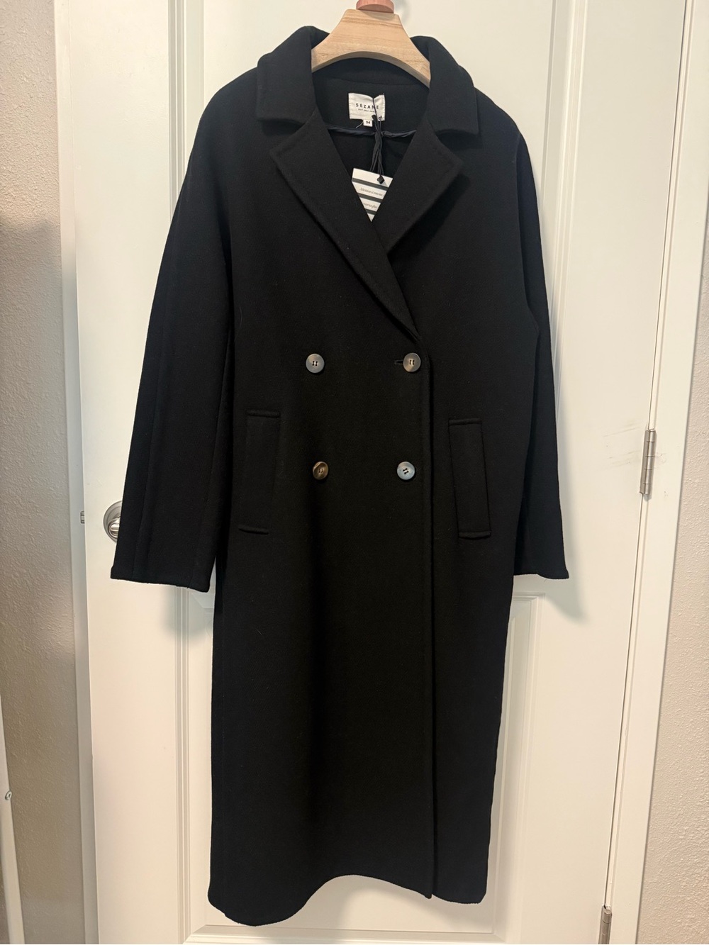Sézane Black Wool Coat Manteau Jim